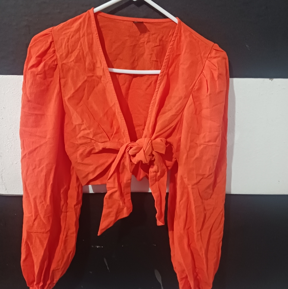 SHEIN Women Orange Puff Shoulders Tie Crop Top - Picture 2 of 7